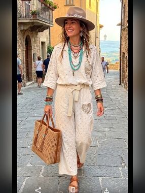 Made In Italy Cotton Blend Boho Eyelet Wide-Leg Wirh Heart Crochet Sequined Set